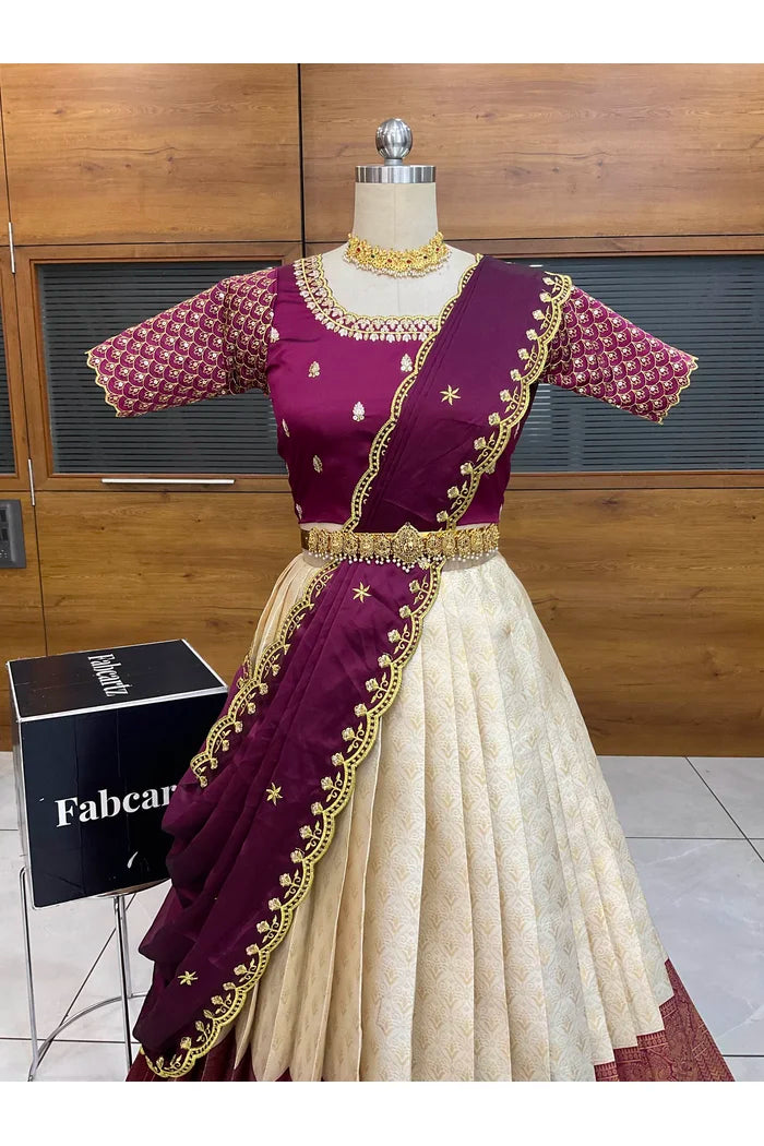 Munjya Women's Woven Design zari work Half Saree with Embroidered Blouse and Dupatta