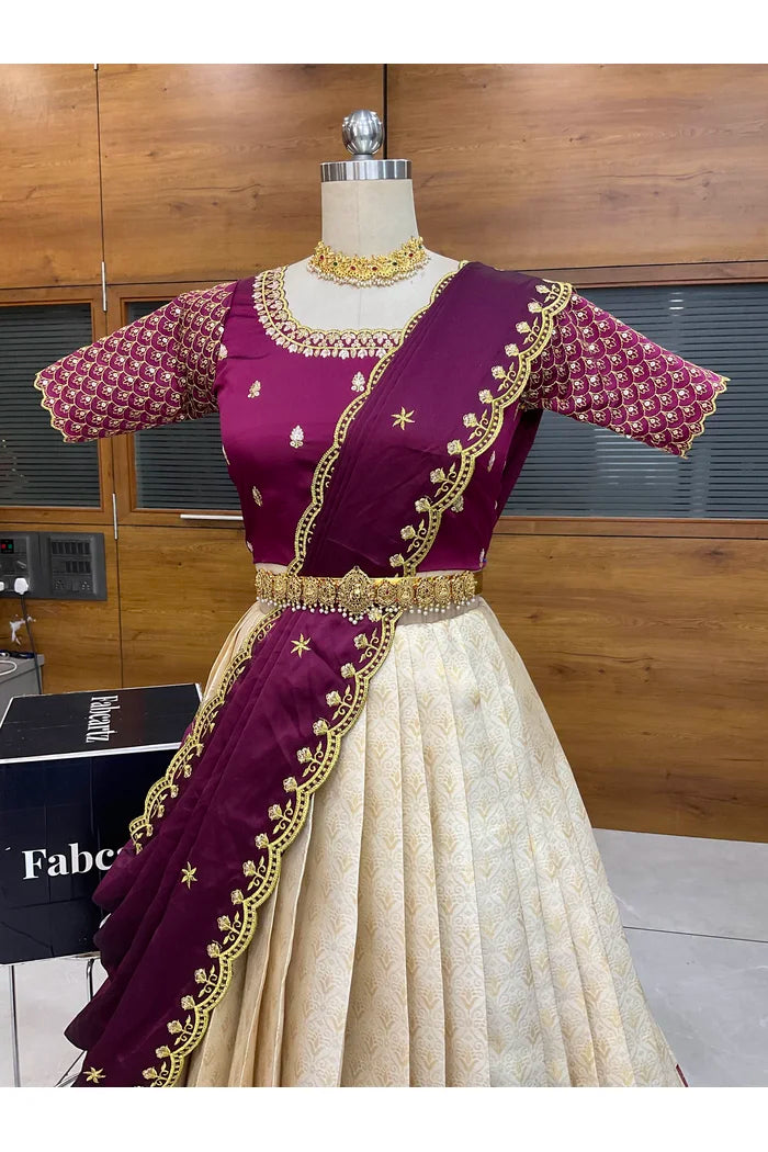 Munjya Women's Woven Design zari work Half Saree with Embroidered Blouse and Dupatta