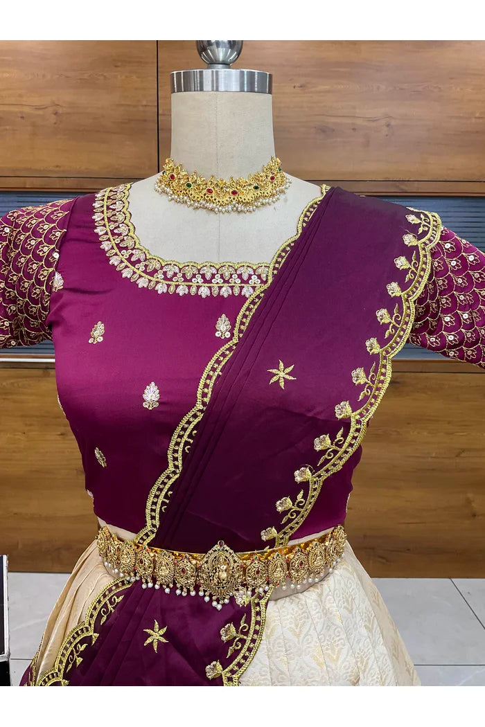 Munjya Women's Woven Design zari work Half Saree with Embroidered Blouse and Dupatta
