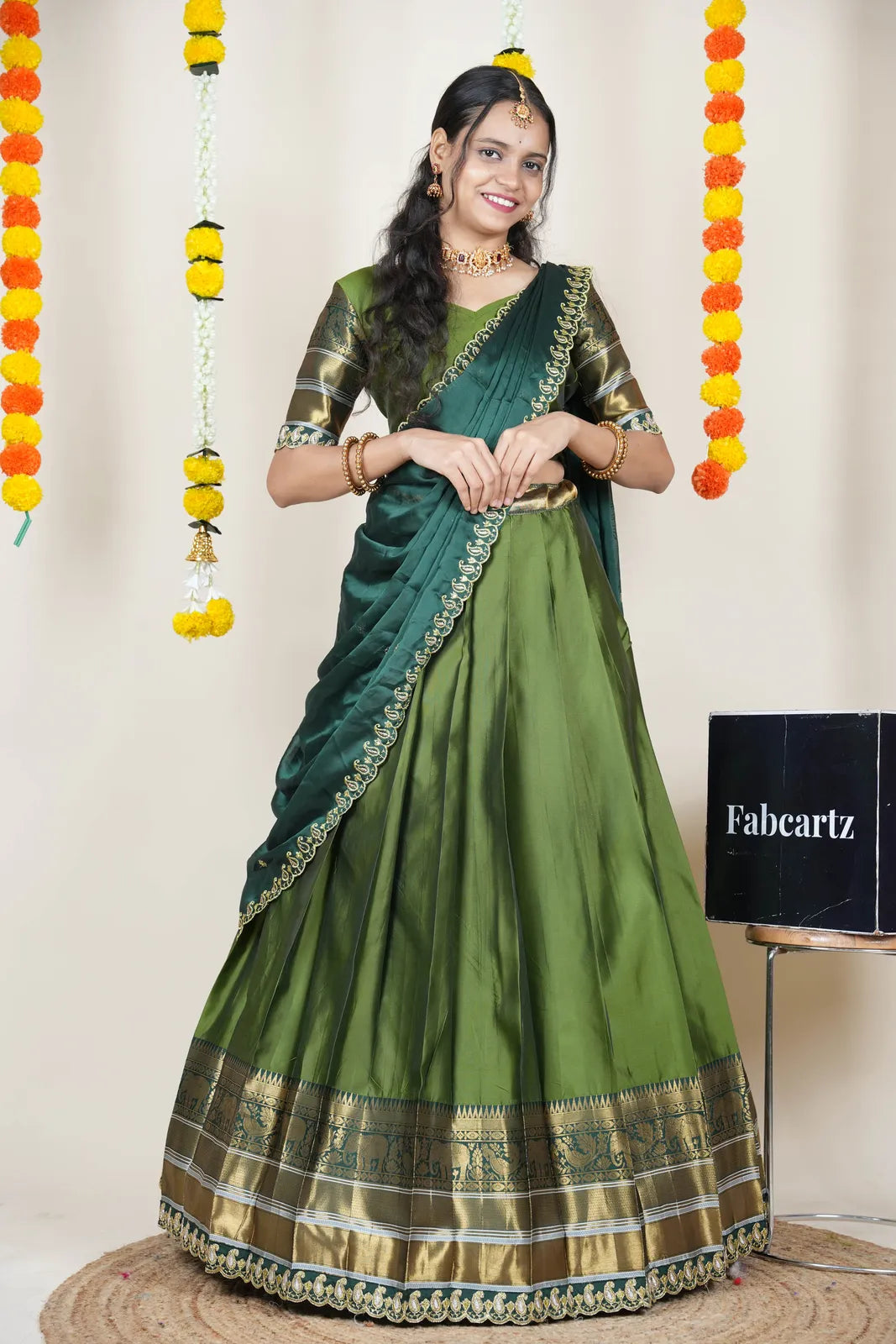 (Sharvika) Women's Woven Design Half Saree with Embroidered Blouse and Dupatta