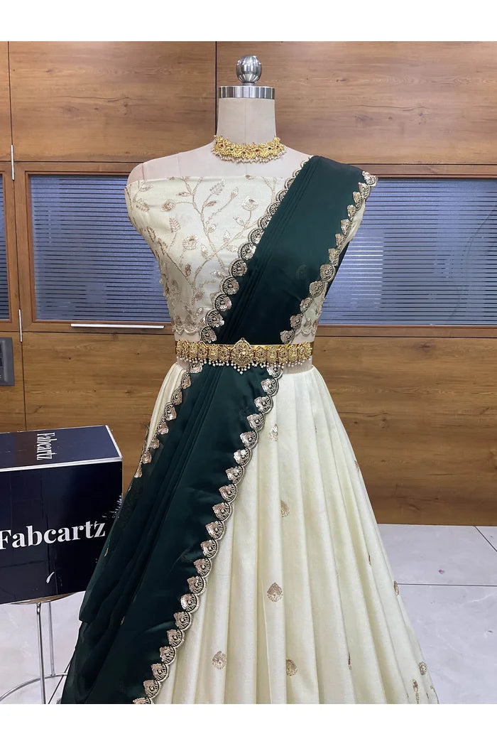 Satyabhumi Women's Woven Design Half Saree with Blouse and Dupatta