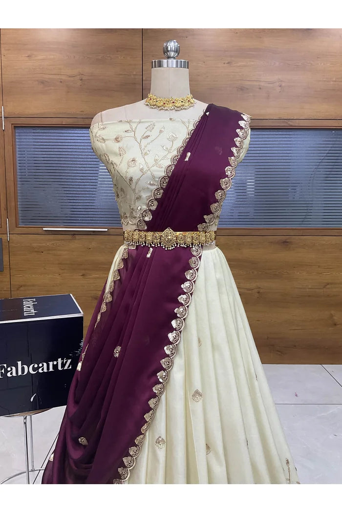 Satyabhumi Women's Woven Design Half Saree with Blouse and Dupatta
