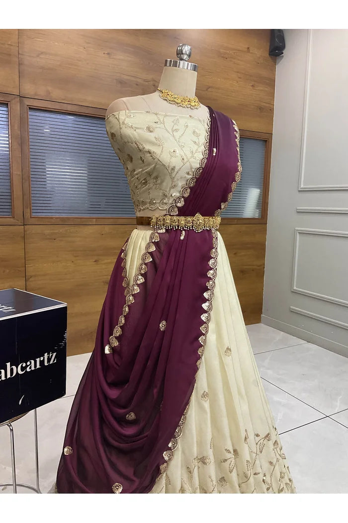 Satyabhumi Women's Woven Design Half Saree with Blouse and Dupatta