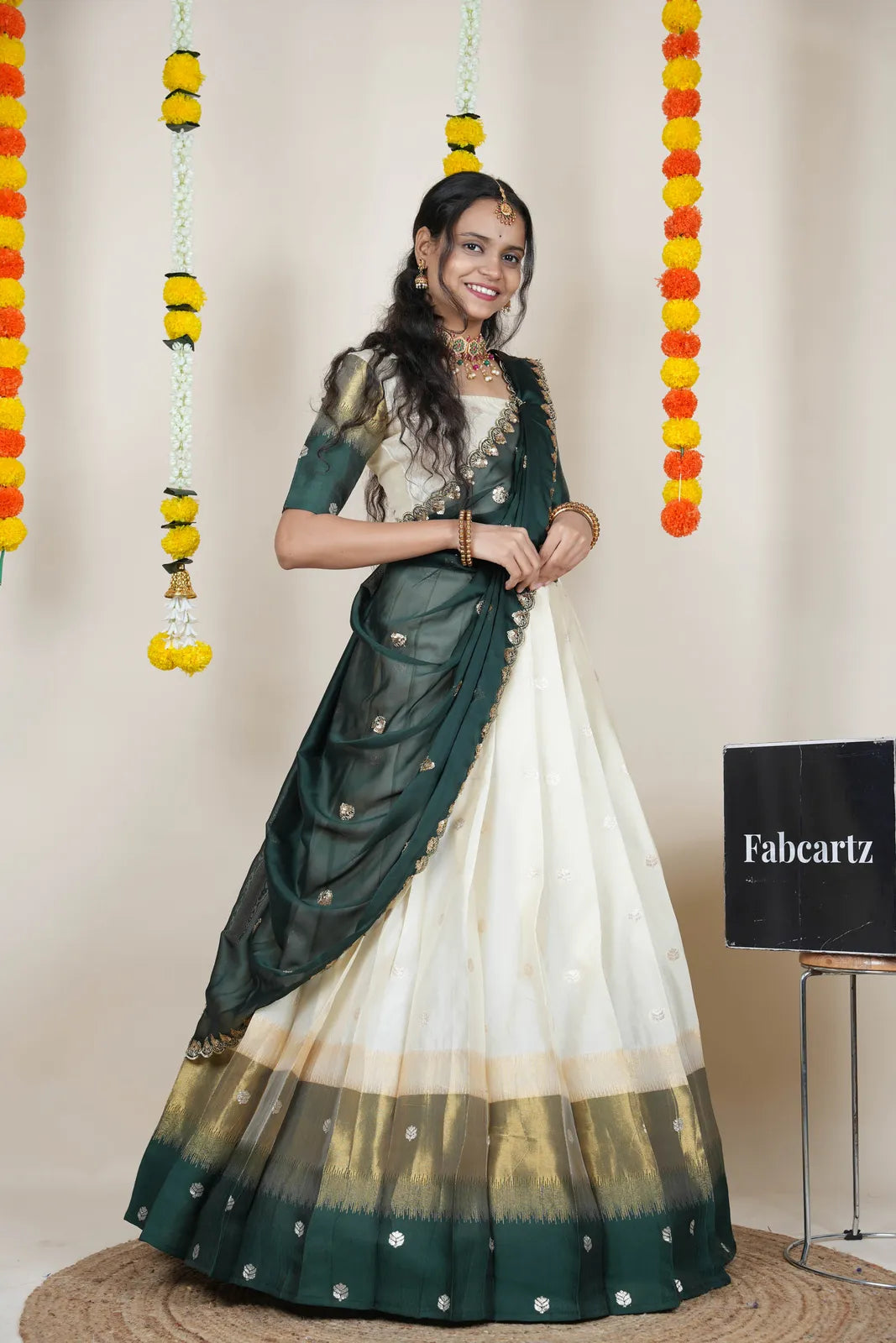 (Adhira) South Indian Festival Traditional Half Saree with Embroidered Blouse & Dupatta