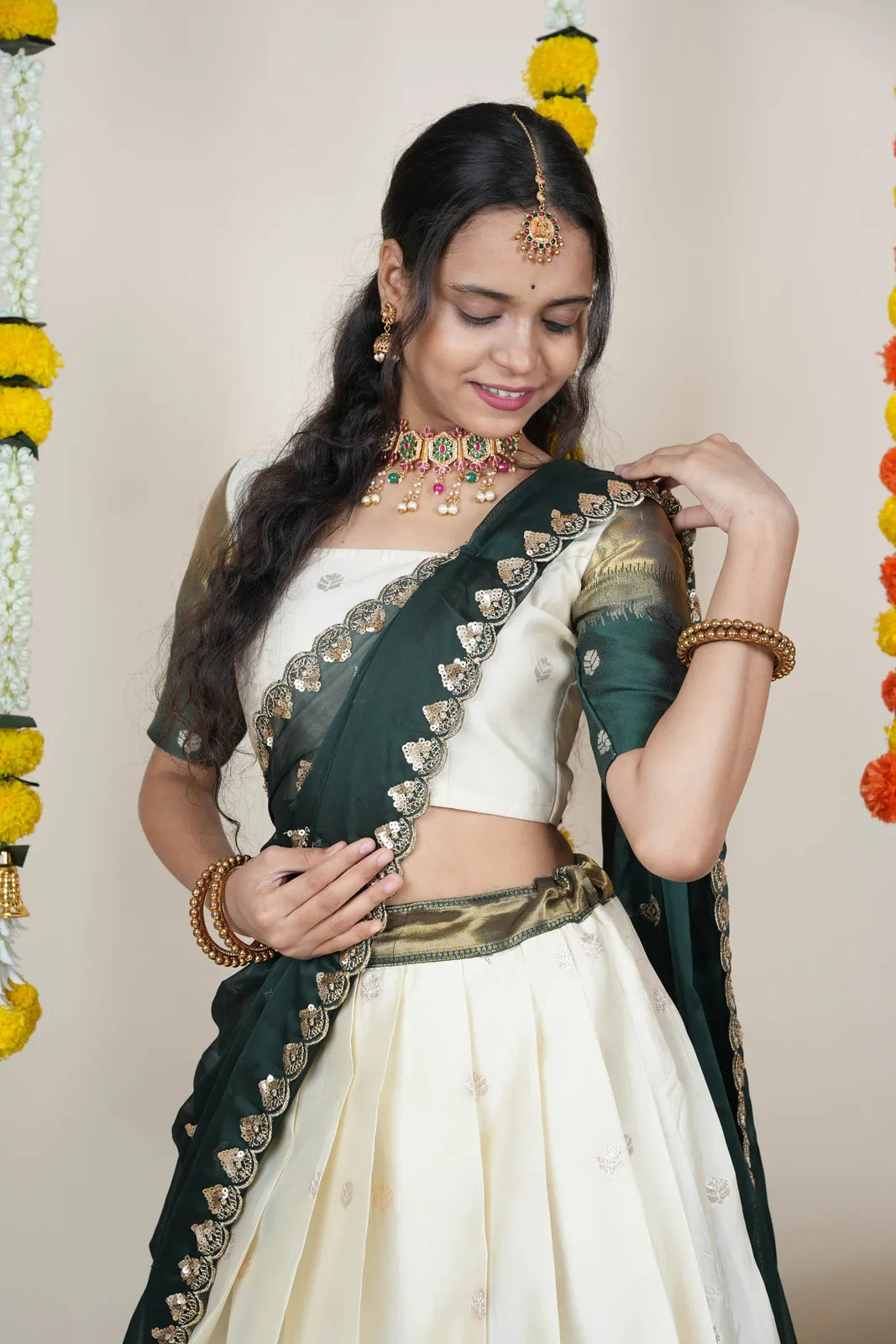 (Adhira) South Indian Festival Traditional Half Saree with Embroidered Blouse & Dupatta