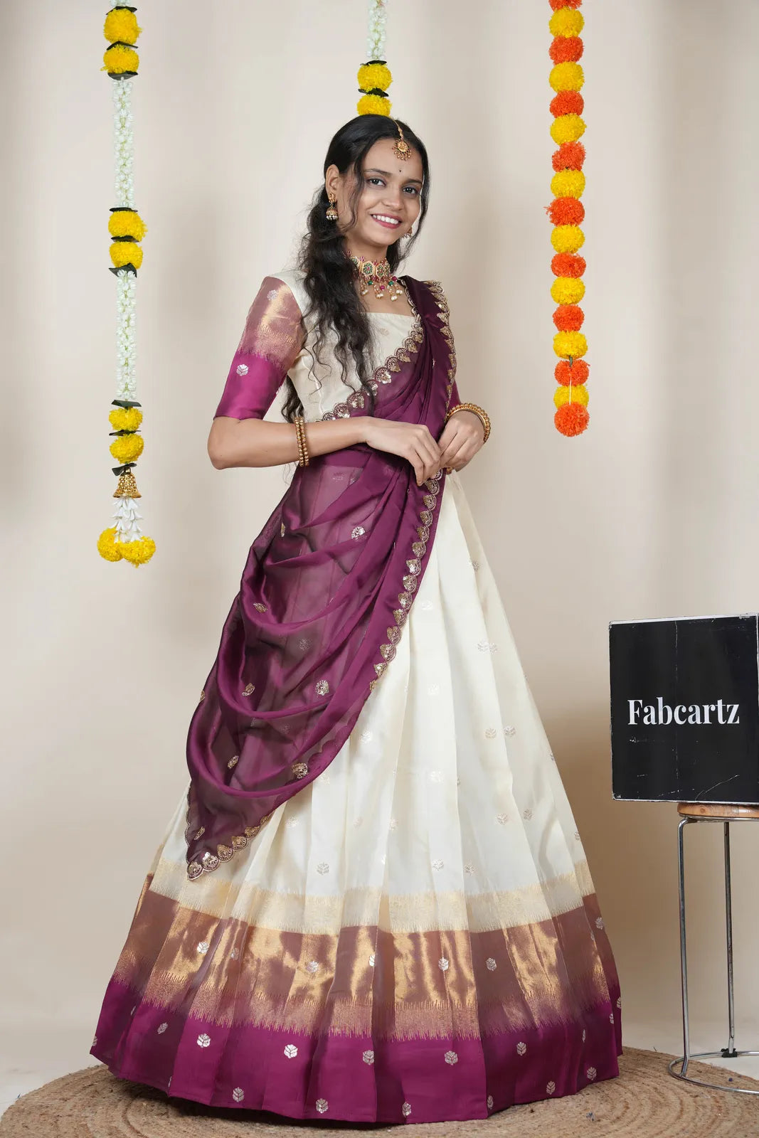 (Adhira) South Indian Festival Traditional Half Saree with Embroidered Blouse & Dupatta