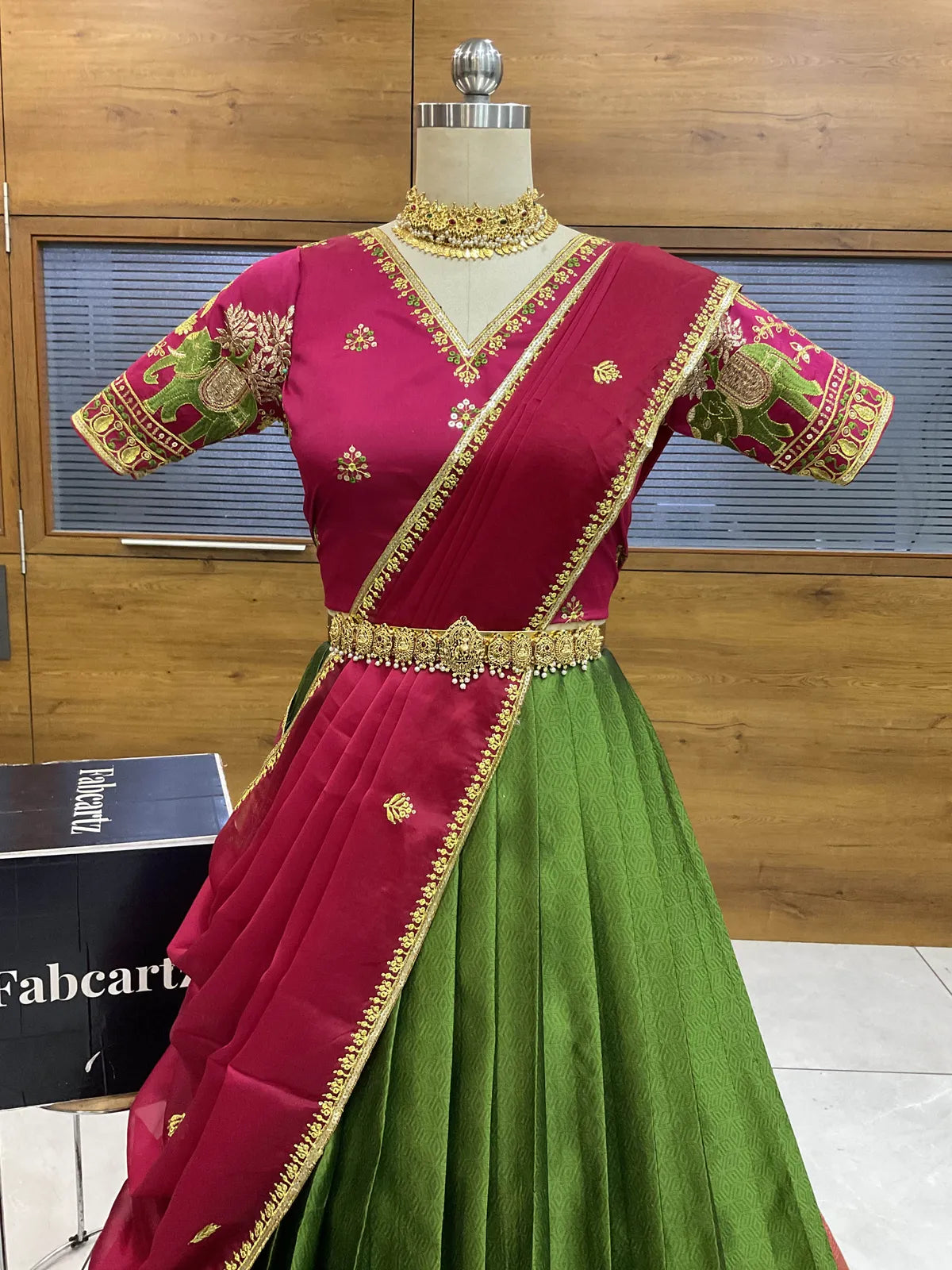 Amrutha South Indian Festival Traditional Half Saree with Embroidered Blouse & Dupatta