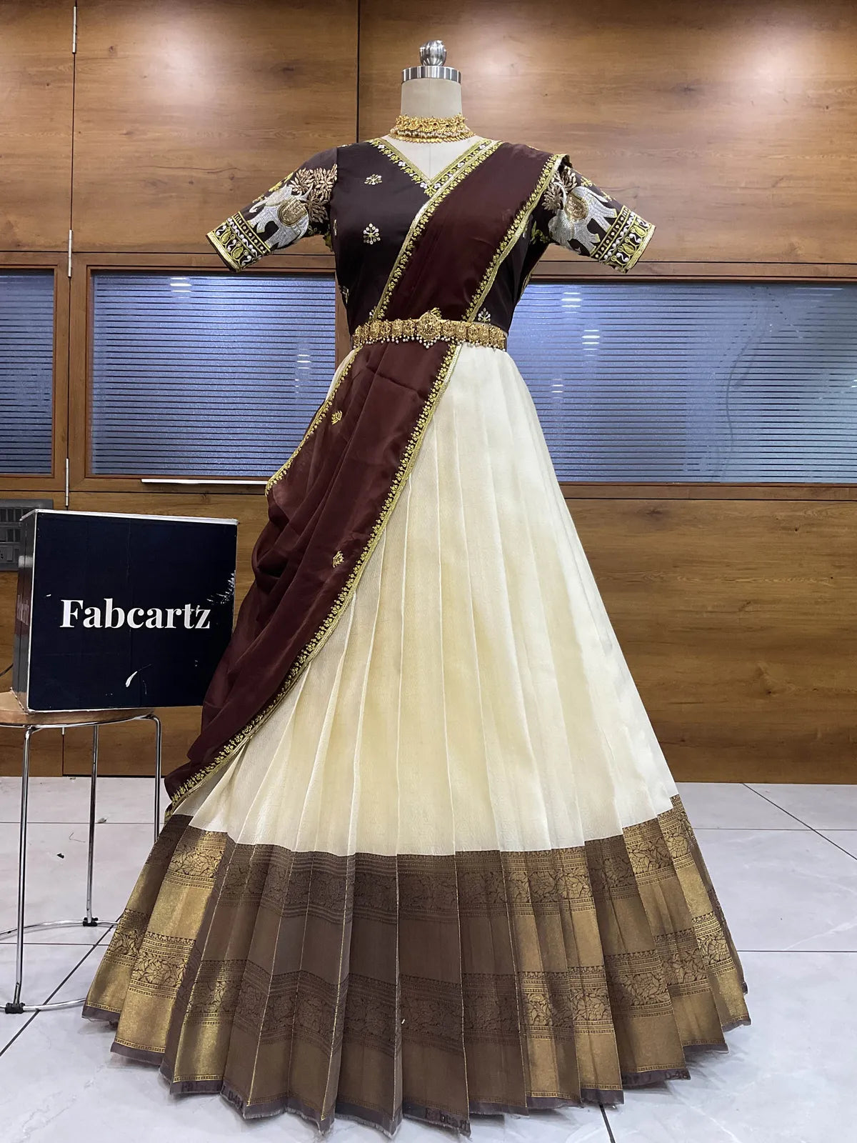 Amrutha South Indian Festival Traditional Half Saree with Embroidered Blouse & Dupatta