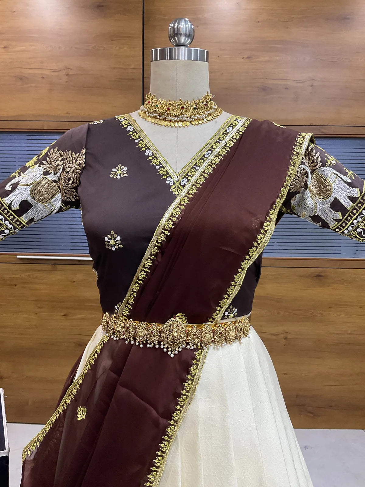 Amrutha South Indian Festival Traditional Half Saree with Embroidered Blouse & Dupatta