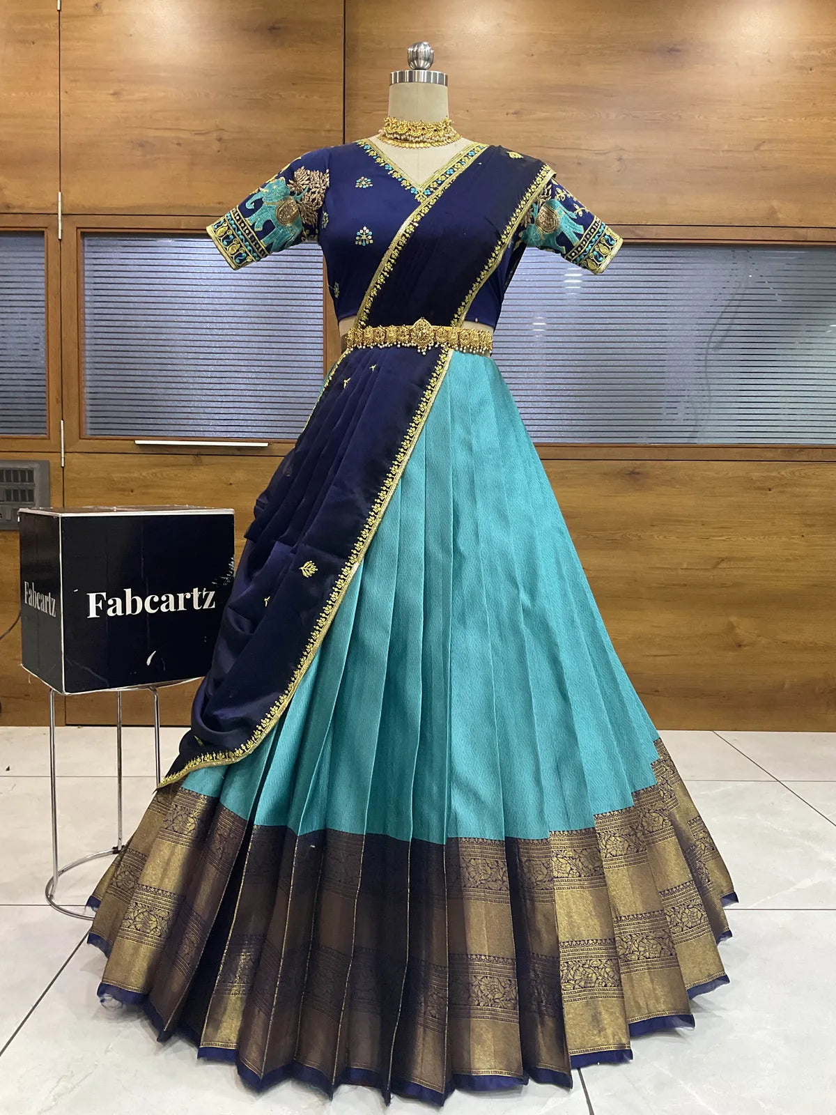 Amrutha South Indian Festival Traditional Half Saree with Embroidered Blouse & Dupatta