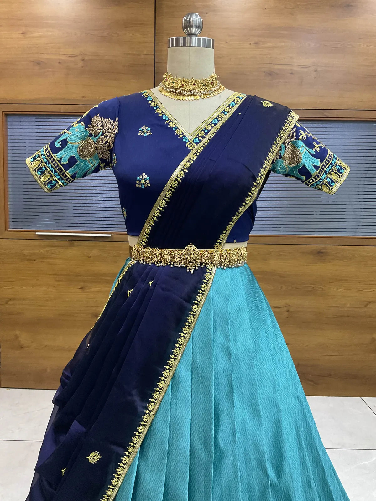 Amrutha South Indian Festival Traditional Half Saree with Embroidered Blouse & Dupatta