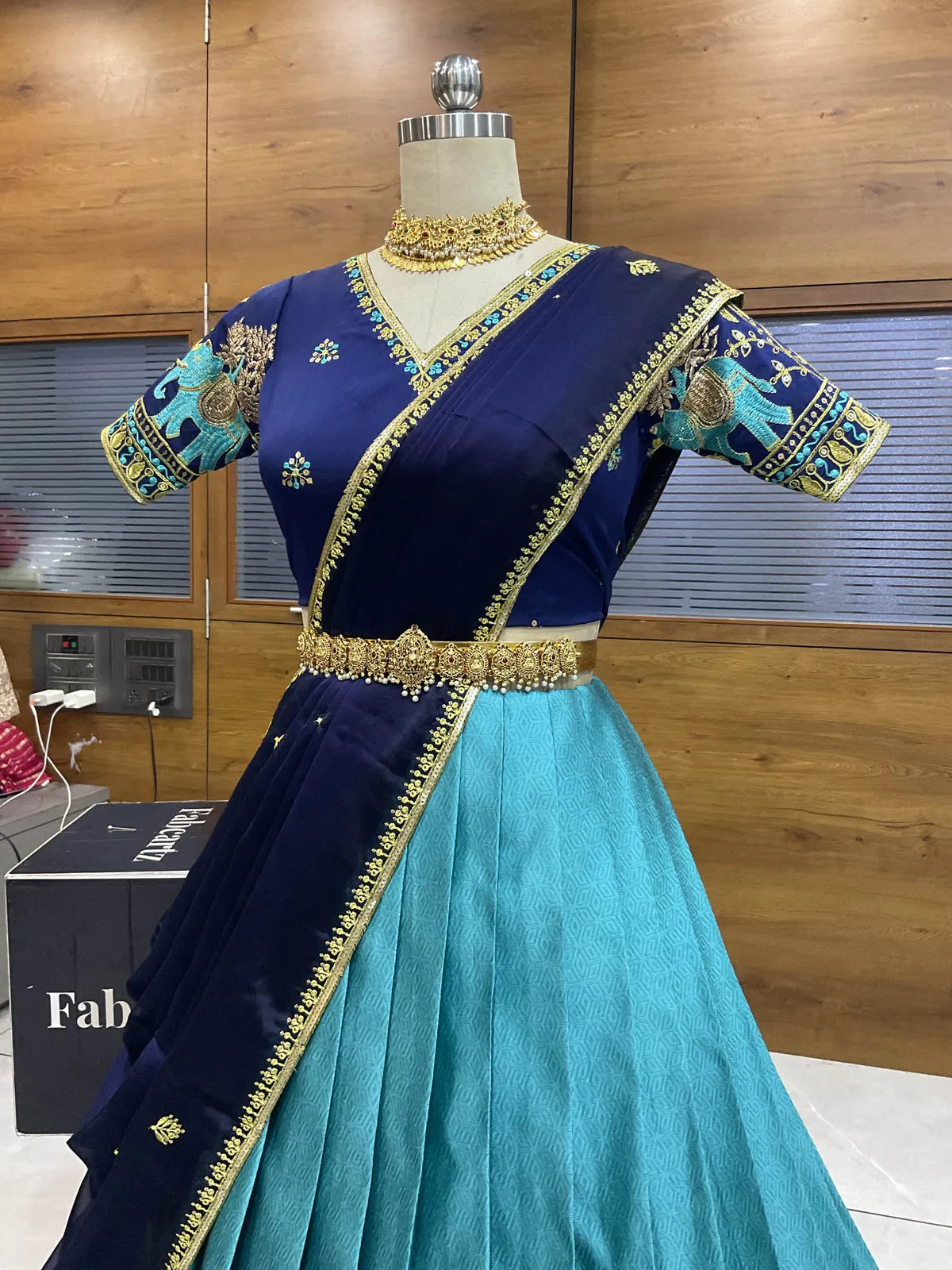 Amrutha South Indian Festival Traditional Half Saree with Embroidered Blouse & Dupatta
