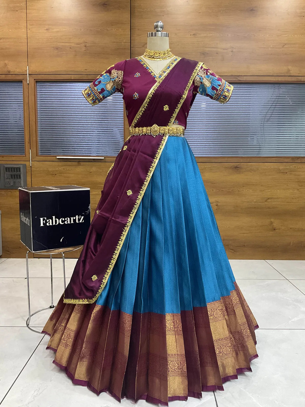 Amrutha South Indian Festival Traditional Half Saree with Embroidered Blouse & Dupatta