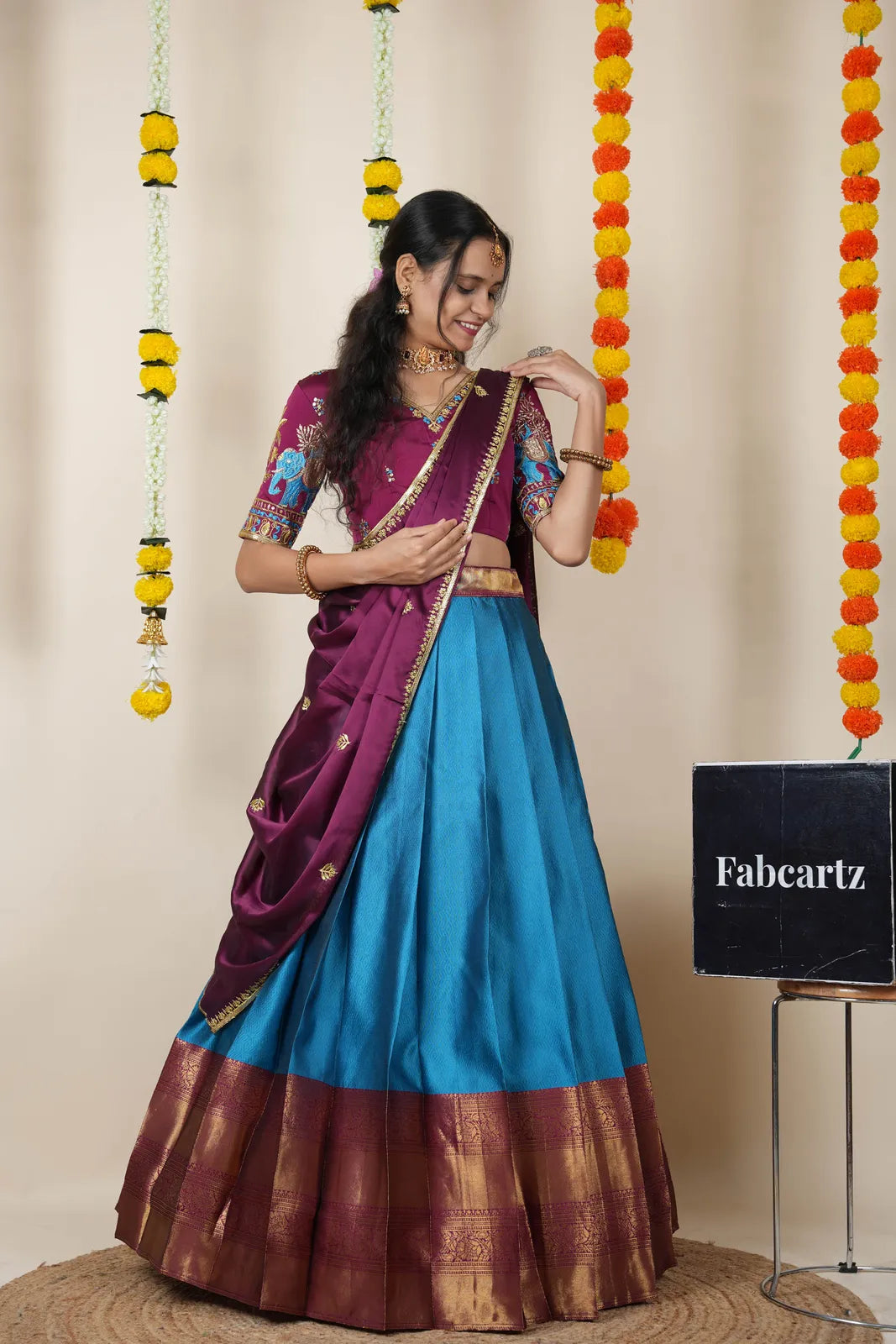 Amrutha South Indian Festival Traditional Half Saree with Embroidered Blouse & Dupatta