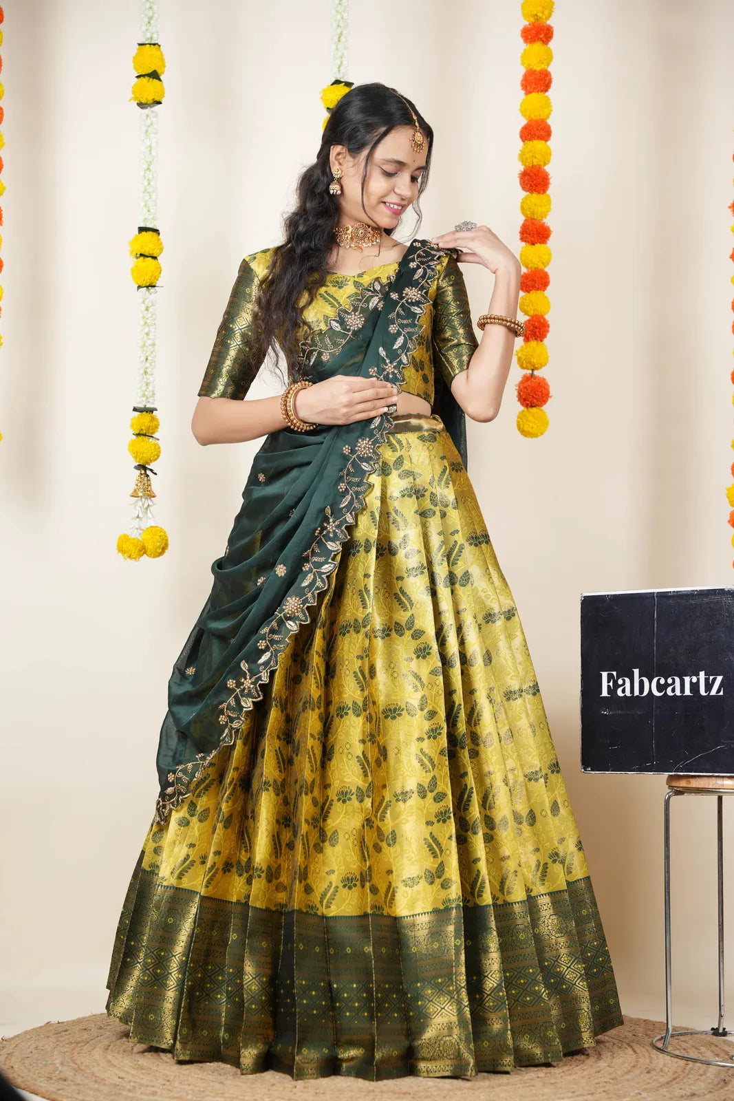 (Udaya) South Indian Festival Traditional Half Saree with Embroidered Blouse & Dupatta