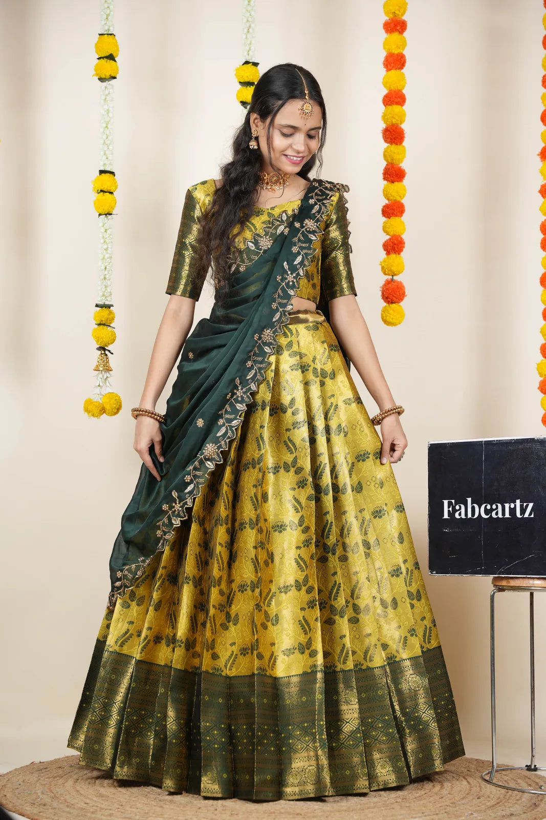 (Udaya) South Indian Festival Traditional Half Saree with Embroidered Blouse & Dupatta