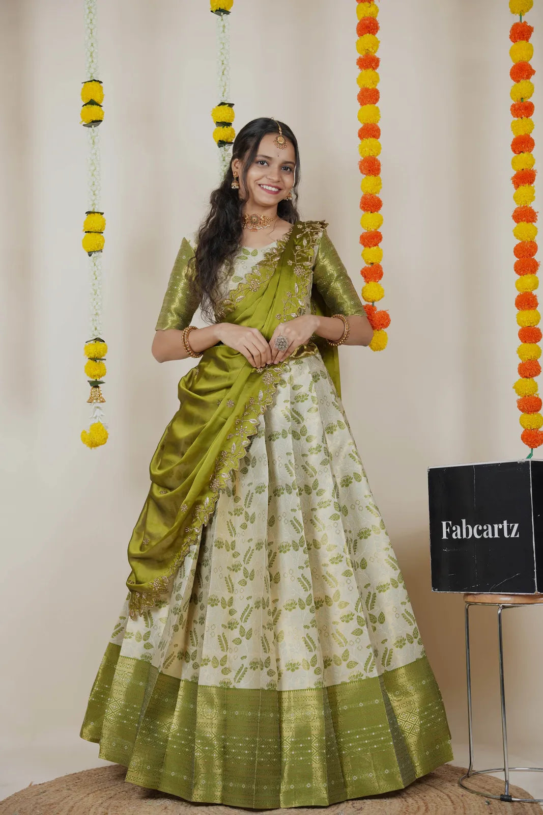 (Udaya) South Indian Festival Traditional Half Saree with Embroidered Blouse & Dupatta