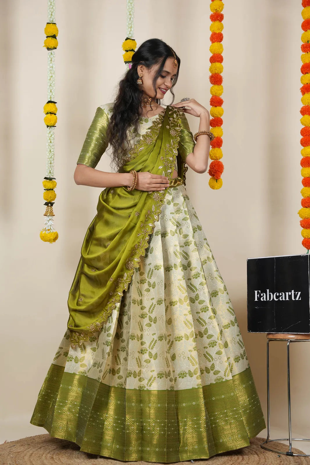 (Udaya) South Indian Festival Traditional Half Saree with Embroidered Blouse & Dupatta