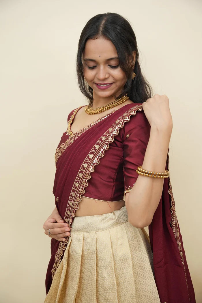 Beautiful South Indian Style Half Saree with Beads Work Blouse and Dupatta for Women | Sanskruti Kv