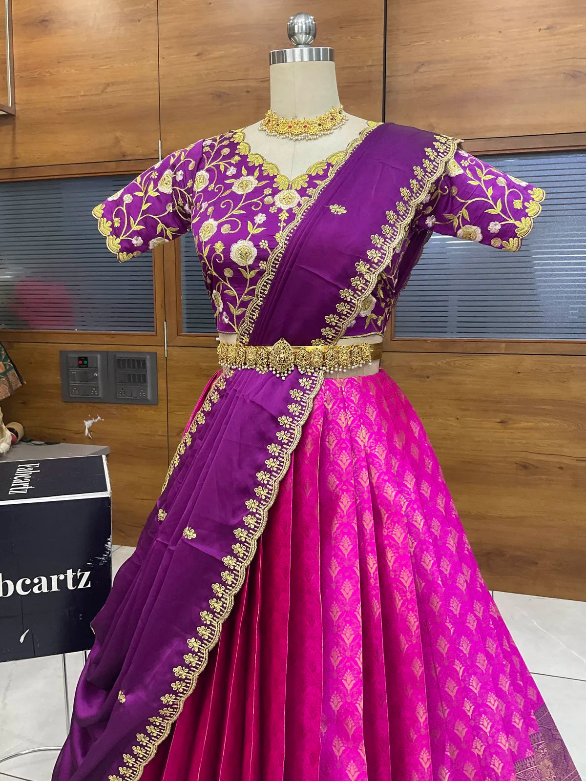 Munjya Women's Woven Design zari work Half Saree with Embroidered Blouse and Dupatta