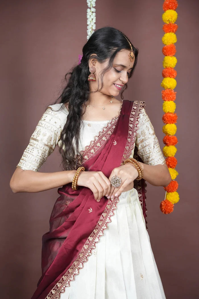 Aarohi kv Women's Woven Design Half Saree with Blouse and Dupatta