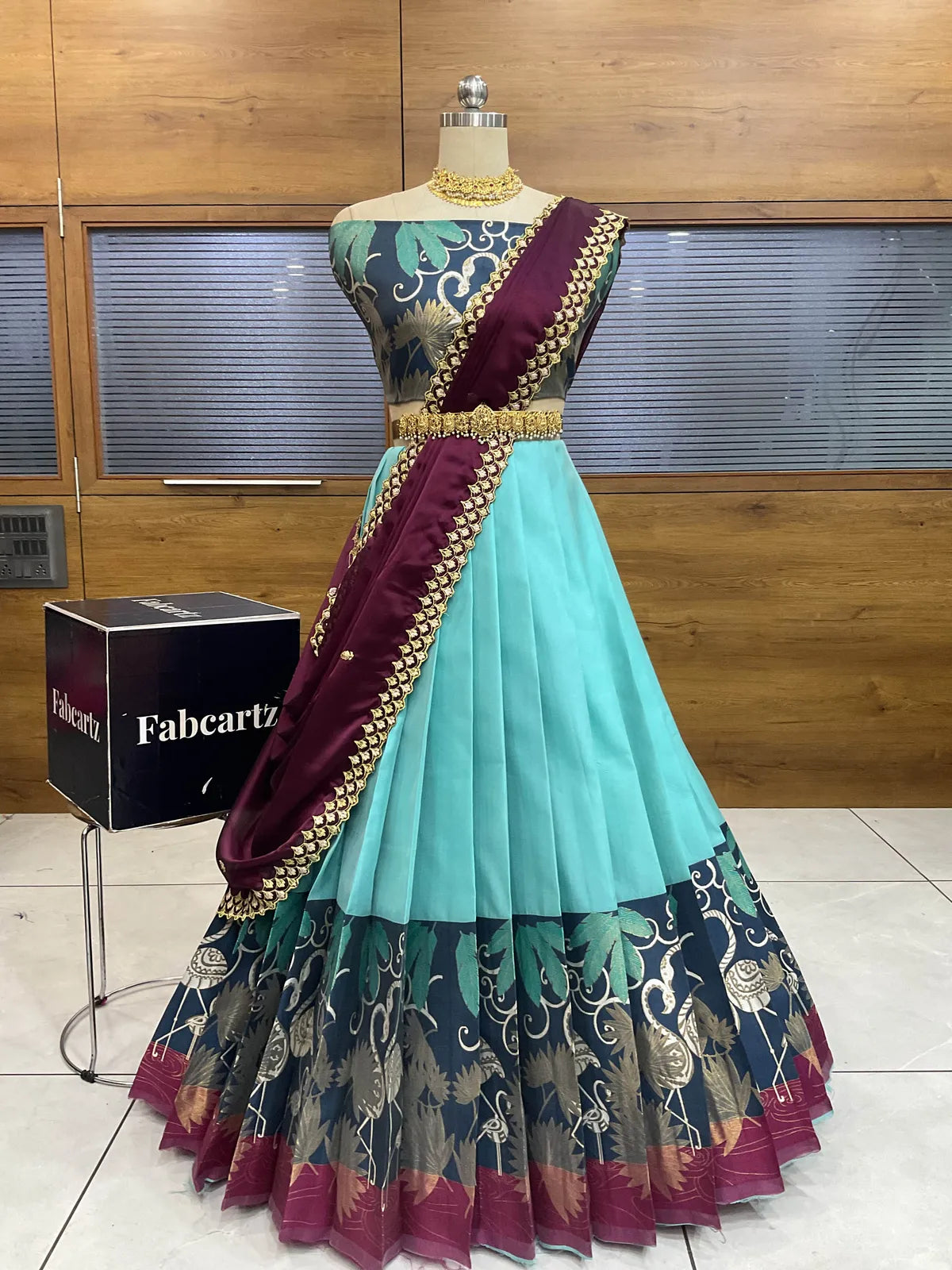 (HansRango) South Indian Festival Traditional Half Saree with Embroidered Blouse & Dupatta