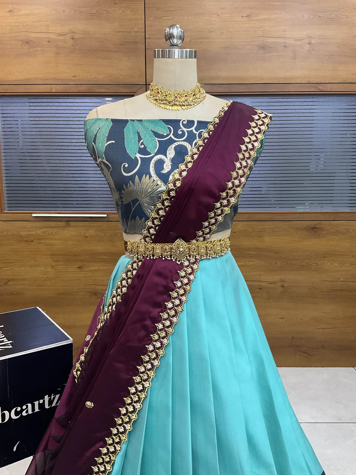 (HansRango) South Indian Festival Traditional Half Saree with Embroidered Blouse & Dupatta