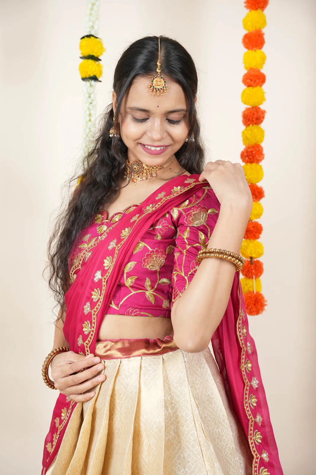 (Juhi) Women's Woven Design Half Saree with Blouse and Dupatta