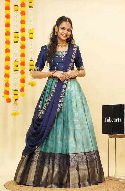 HathiGhoda Women's Woven Design zari work Half Saree with Embroidered Blouse and Dupatta