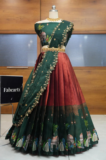 Taj Mahal Women's Woven Design zari work Half Saree with Embroidered Blouse and Dupatta