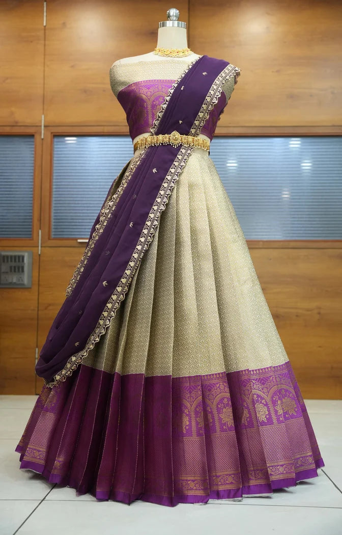 Oye!!Pattu Women's Woven Design zari work Half Saree with Embroidered Blouse and Dupatta
