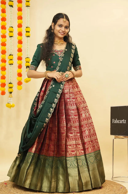 HathiGhoda Women's Woven Design zari work Half Saree with Embroidered Blouse and Dupatta