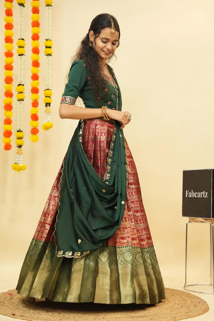 HathiGhoda Women's Woven Design zari work Half Saree with Embroidered Blouse and Dupatta