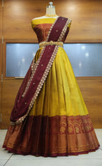 Oye!!Pattu Women's Woven Design zari work Half Saree with Embroidered Blouse and Dupatta