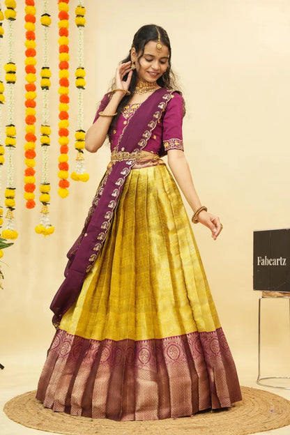 HathiGhoda Women's Woven Design zari work Half Saree with Embroidered Blouse and Dupatta
