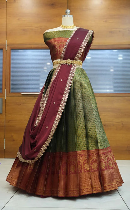 Oye!!Pattu Women's Woven Design zari work Half Saree with Embroidered Blouse and Dupatta