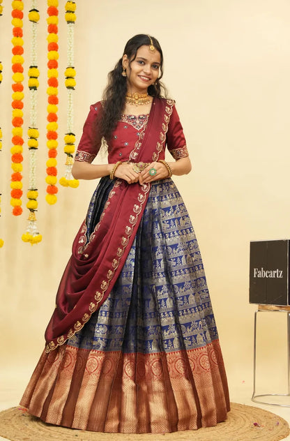 HathiGhoda Women's Woven Design zari work Half Saree with Embroidered Blouse and Dupatta