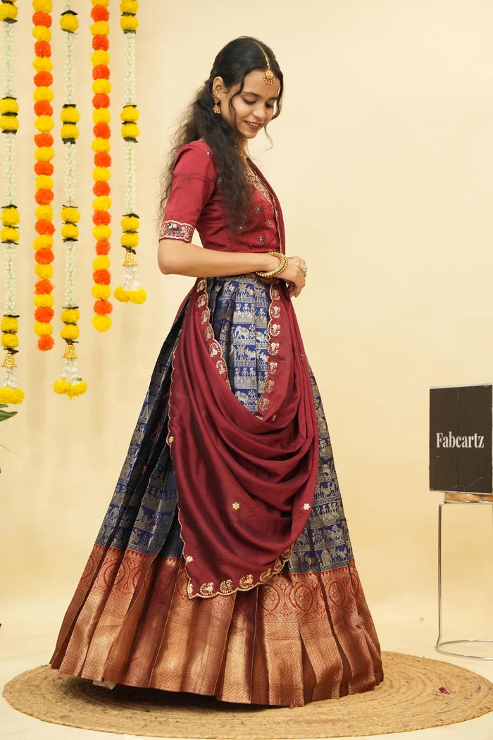 HathiGhoda Women's Woven Design zari work Half Saree with Embroidered Blouse and Dupatta
