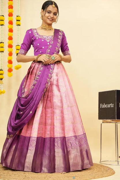 HathiGhoda Women's Woven Design zari work Half Saree with Embroidered Blouse and Dupatta