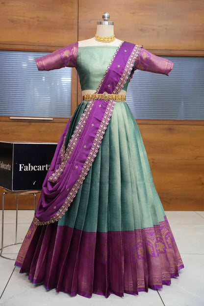 Oye!!Pattu Women's Woven Design zari work Half Saree with Embroidered Blouse and Dupatta