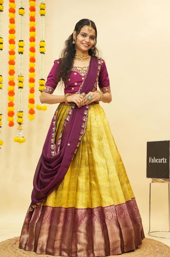 HathiGhoda Women's Woven Design zari work Half Saree with Embroidered Blouse and Dupatta