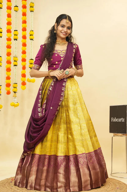 HathiGhoda Women's Woven Design zari work Half Saree with Embroidered Blouse and Dupatta