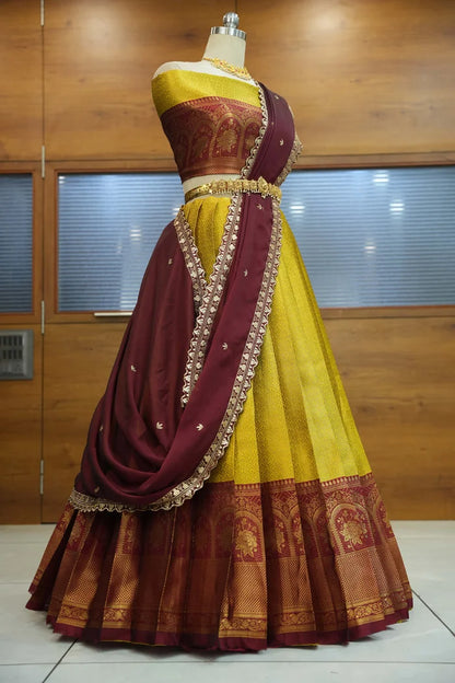 Oye!!Pattu Women's Woven Design zari work Half Saree with Embroidered Blouse and Dupatta