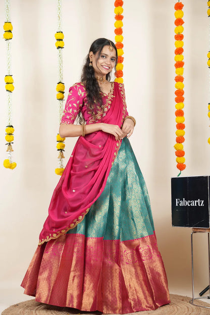 (Juhi) Women's Woven Design Half Saree with Blouse and Dupatta