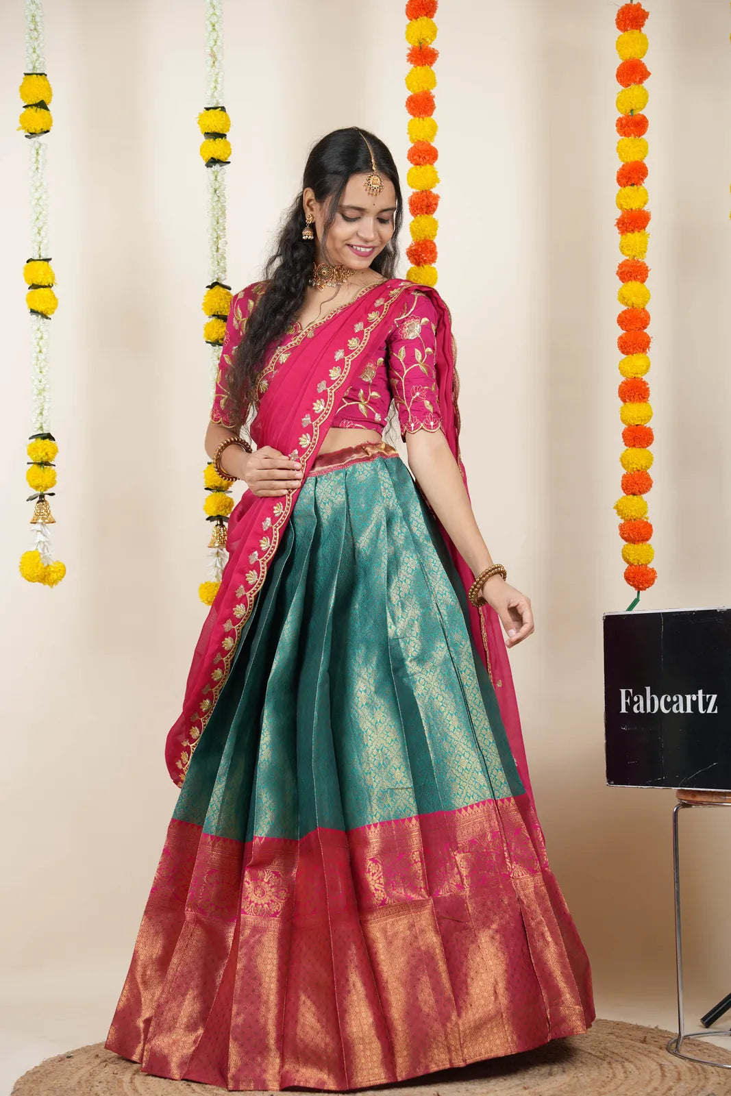 (Juhi) Women's Woven Design Half Saree with Blouse and Dupatta