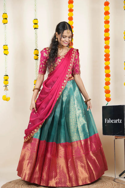 (Juhi) Women's Woven Design Half Saree with Blouse and Dupatta