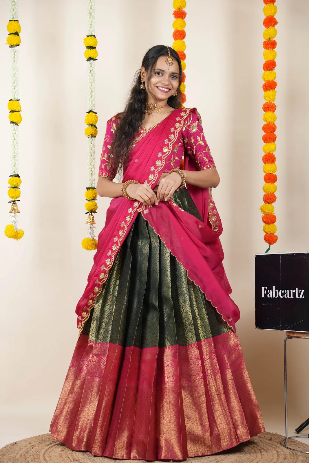 (Juhi) Women's Woven Design Half Saree with Blouse and Dupatta