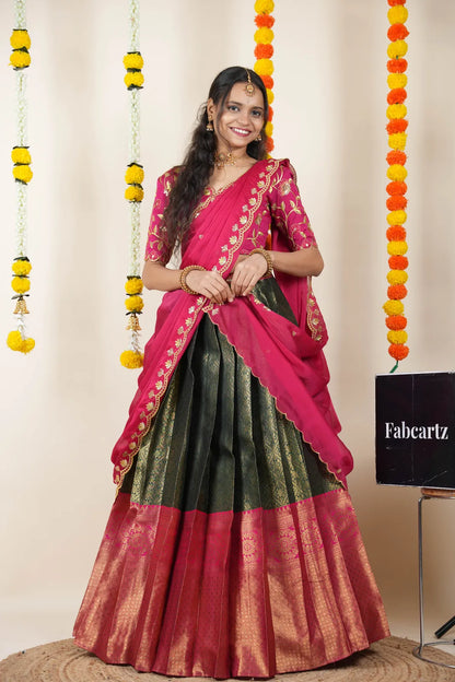 (Juhi) Women's Woven Design Half Saree with Blouse and Dupatta