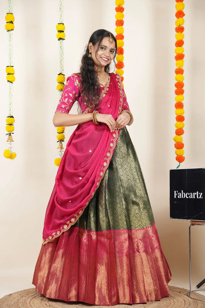 (Juhi) Women's Woven Design Half Saree with Blouse and Dupatta