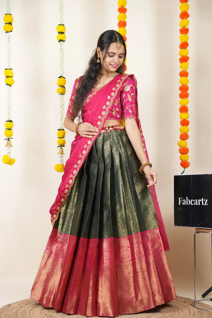 (Juhi) Women's Woven Design Half Saree with Blouse and Dupatta